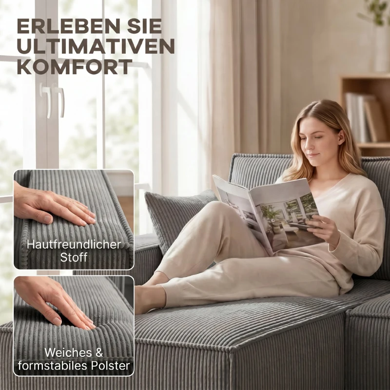HOMCOM Ecksofa mit Doppel-Chaiselongues, U-förmiges Sofa aus Cordstoff mit breitem und tiefem Sitz, Federkernkissen, Hellgrau