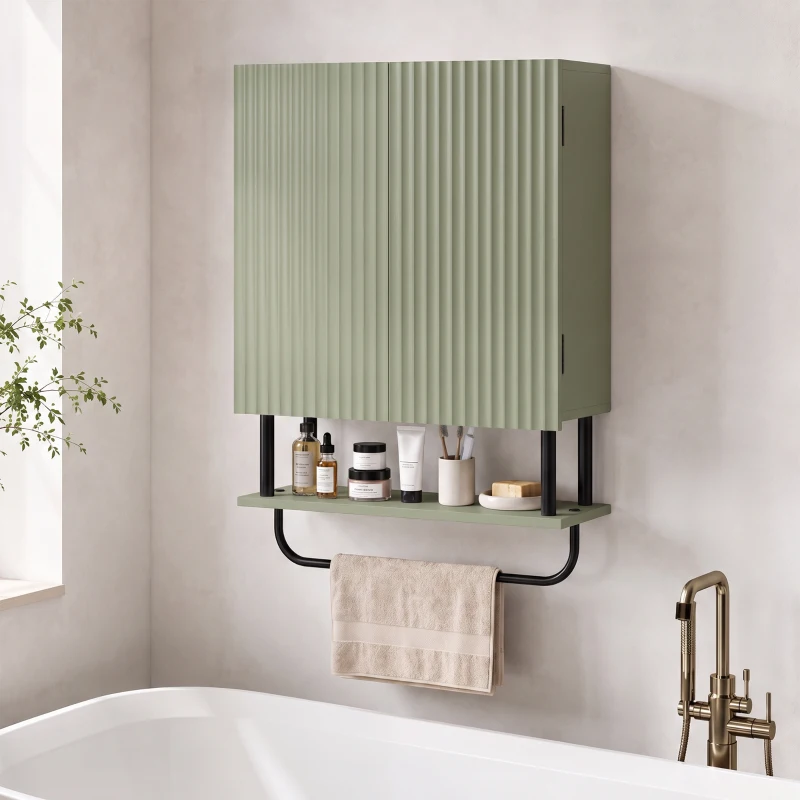 HOMCOM Bathroom Wall Cabinet Modern Space Saver Wall Mounted Cabinet Doors Storage Green
