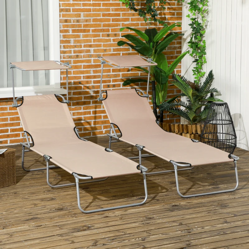 Outsunny Folding Sun Lounger Set of 2 with Canopy, Reclining Sunbed with 4-Position Adjustable Backrest, 600D Oxford Cloth, Portable Garden Lounger Recliner Chair for Beach, Camping, Patio, Sand