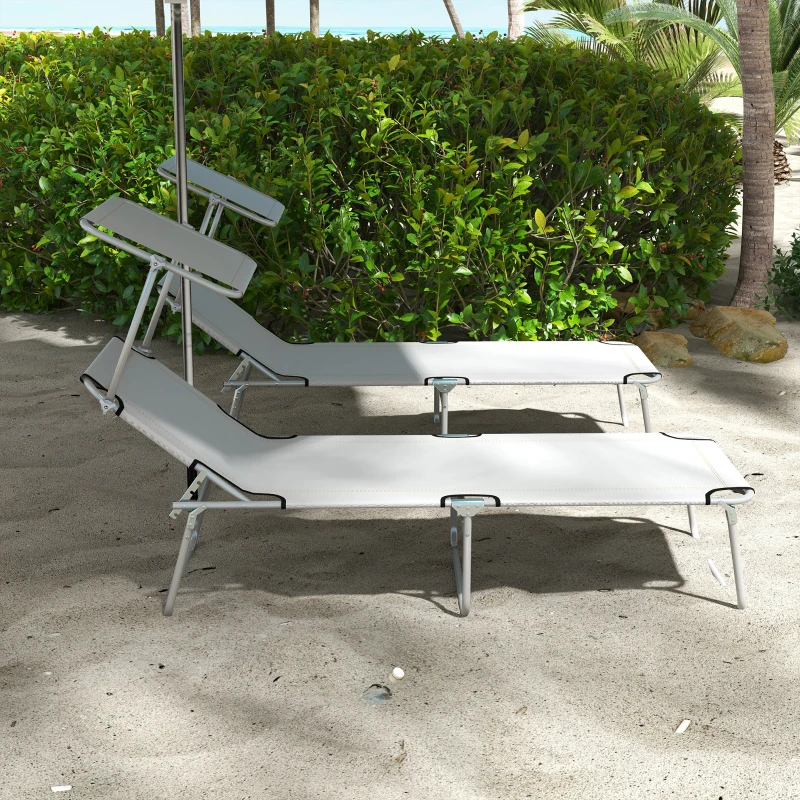 Outsunny Folding Sun Lounger Set of 2 with Canopy, Reclining Sunbed with 4-Position Adjustable Backrest, 600D Oxford Cloth, Portable Garden Lounger Recliner Chair for Beach, Camping, Patio, Light Grey