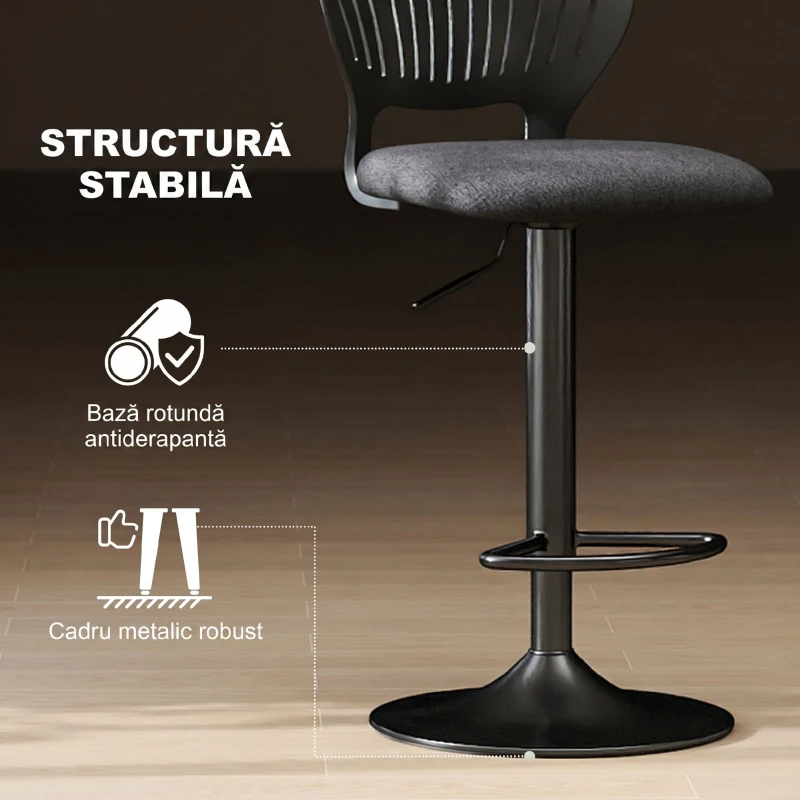 HOMCOM Set 2 Scaune de Bar Reglabile, Scaune de Bucătărie Înalte din Material Textil cu Efect de In cu Spătar, Suport pentru Picioare și Șezut Moale, Cadru Metalic, Scaune Rotative la 360°, Negru
