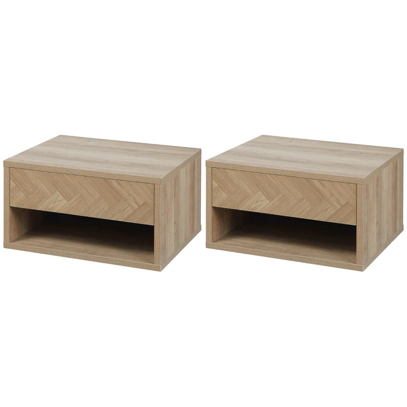 HOMCOM Lot de 2 tables de chevet murales table de nuit tiroir coulissant niche plateau en bois dim. 37L x 32l x 21H cm naturel