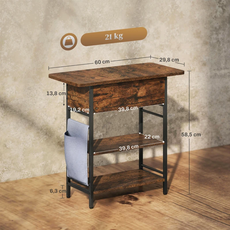 HOMCOM Table d'appoint bout de canapé avec station de charge et sac de rangement, 60 x 29,8 x 58,5 cm, brun rustique