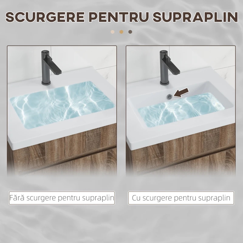 kleankin Dulap pentru chiuvetă de 60cm cu sertar din lemn și lavoar din ceramică, maro deschis