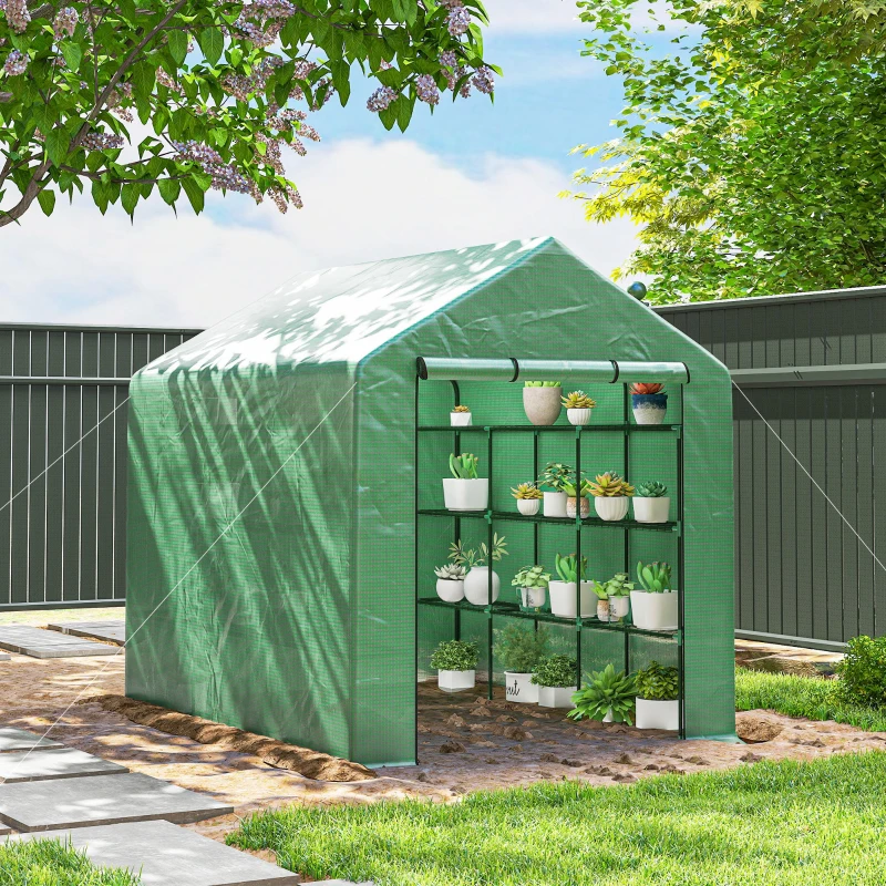 Outsunny Invernadero de Exterior con Estantes de 4 Niveles Puerta con Cremallera y Marco de Acero 244x180x210 cm Verde