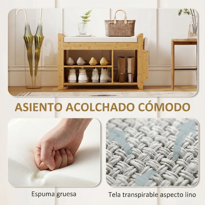 HOMCOM Banco Zapatero con Asiento Acolchado Almacenamiento Lateral Estante para Botas Marco de Bambú 80x30x50 cm Natural