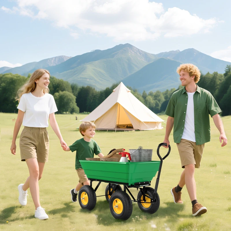 Outsunny Carrello da Giardino 75L in Acciaio e PP con Vasca ribaltabile e Maniglia, 109x52x94 cm, Verde