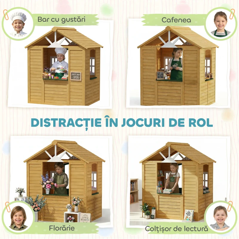 AIYAPLAY Căsuță de Grădină pentru Copii din Lemn de Molid, Căsuță de Exterior cu 3 Ferestre, 2 Jardiniere, Ușă și Acoperiș, pentru Copii 3-8 Ani, Interior și Exterior, 134.5x97x150 cm, Maro