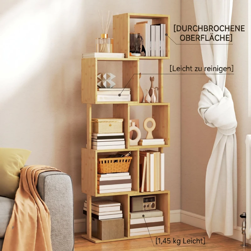 HOMCOM Bibliotecă Modernă Asimetrică cu 5 Rafturi din Bambus, 62,5 x 23 x 165 cm, Culoare Lemn Natural