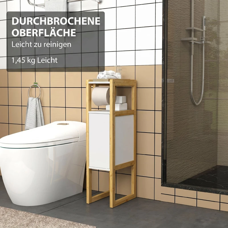 HOMCOM Dulap de Baie Economisitor de Spațiu cu Suport pentru Hârtie Igienică, Dulap și Raft din Bambus, 20x33x80cm, Alb