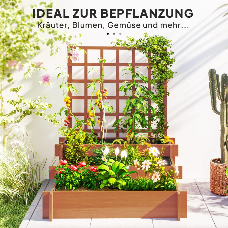 Outsunny Hochbeet mit Rankhilfe, 3-stufig Blumenkasten mit Vliesstoff Tannenholz, Braun, 95 x 95 x 110 cm