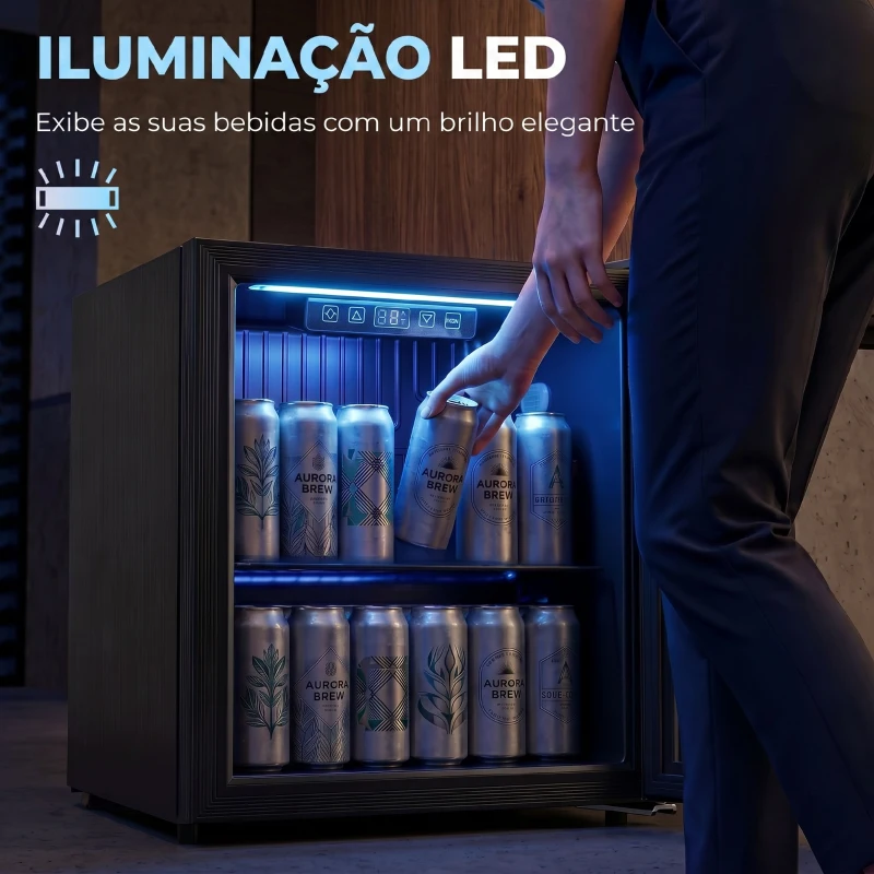 HOMCOM Frigorífico de Bebidas 50 L com Porta de Vidro Duplo Iluminação LED Prateleira Ajustável para 48 Latas