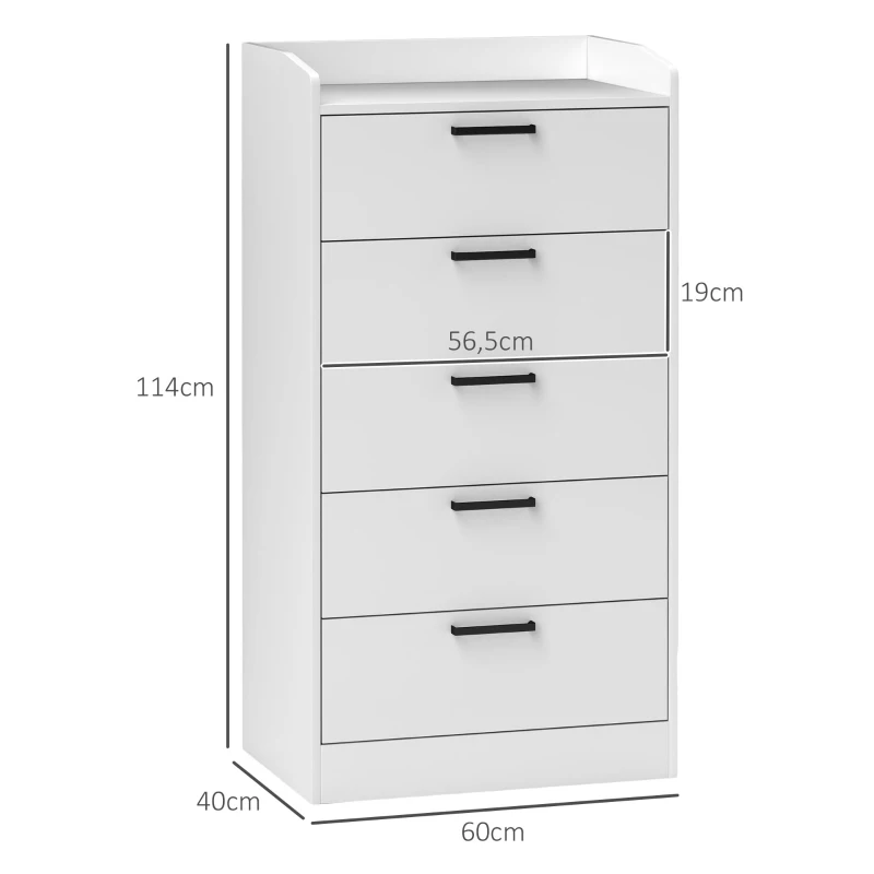 HOMCOM Cassettiera 5 Cassetti in Legno con Maniglie in Acciaio, 60x40x114 cm, Bianco