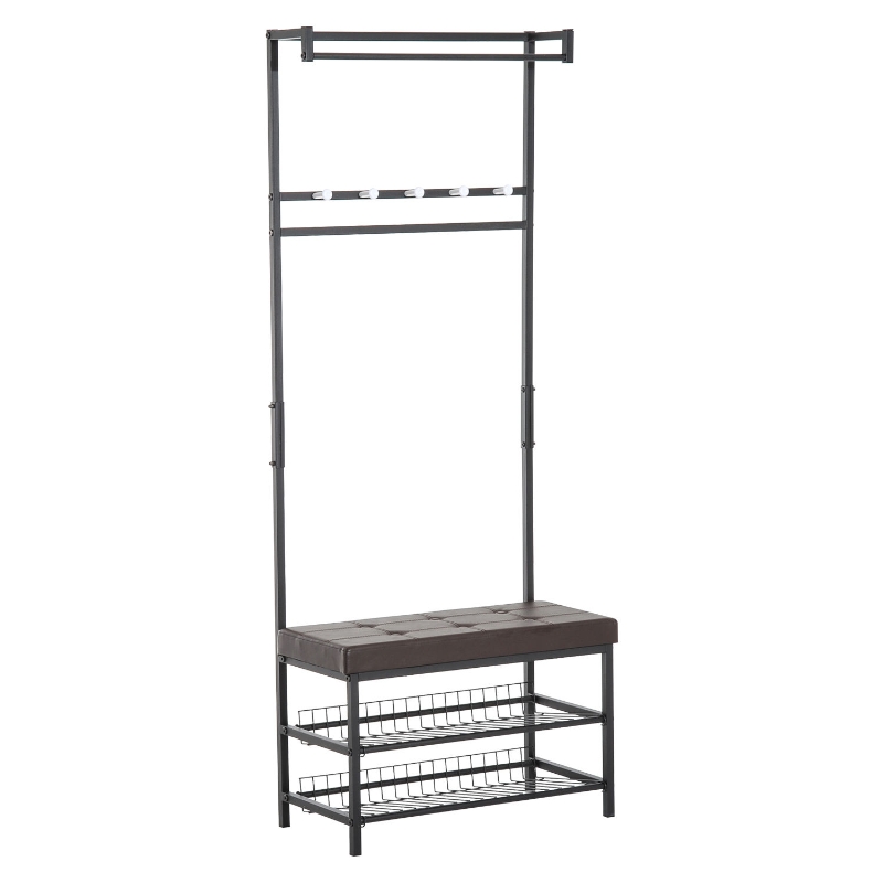 HOMCOM Garderobenständer Garderobenbank Kleiderständer Schuhregal mit Sitzfläche Garderobe mit Sitzfläche und 2 Schuhablagen, Metall, 72,5x35x180cm