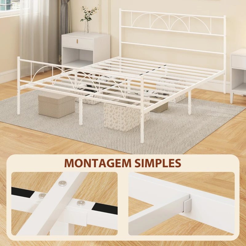 HOMCOM Cama de Casal com Cabeceira de Ripas de Aço e Espaço de Arrumação Debaixo da Cama Carga 330 kg 161,5x208x98 cm Branca