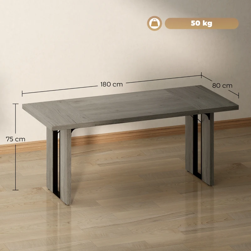 HOMCOM Masă de Dining în Stil Industrial pentru maximum 8 persoane, din lemn și oțel, 180x80x75 cm, gri