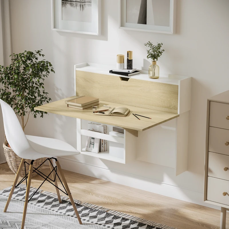 HOMCOM Bureau pliable mural avec étagères de rangement et placard, bureau rabattable, 100 x 18 x 74 cm effet bois naturel(m-2)