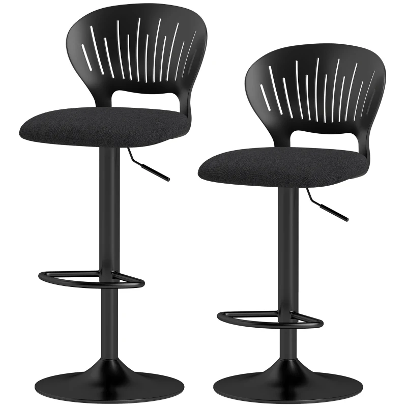 HOMCOM Set 2 Scaune de Bar Reglabile, Scaune de Bucătărie Înalte din Material Textil cu Efect de In cu Spătar, Suport pentru Picioare și Șezut Moale, Cadru Metalic, Scaune Rotative la 360°, Negru
