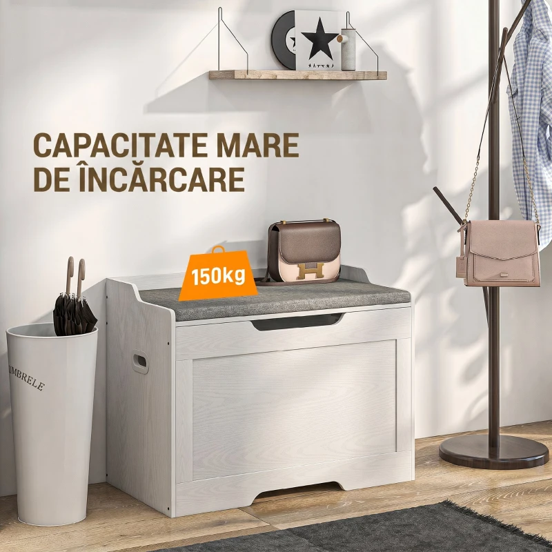 HOMCOM Bancă de depozitare de 103L multifuncțională din lemn cu pernă din țesătură, 75x40x56cm, albă