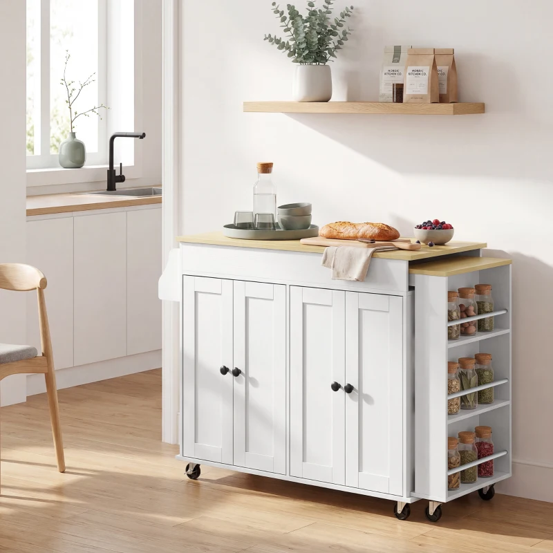 HOMCOM Isla de Cocina con Ruedas Encimera Extensible 4 Puertas Estantes Ajustables Especiero y Soporte para Toallas Blanco