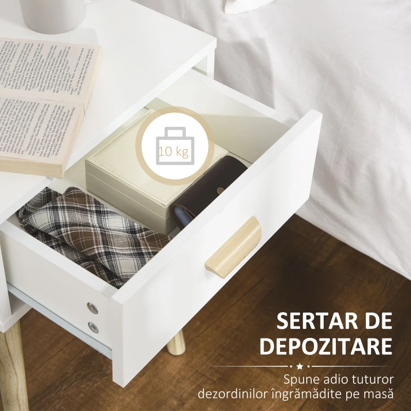 HOMCOM Set de 2 noptiere moderne cu sertar, 40,5x30,5x60 cm, stejar