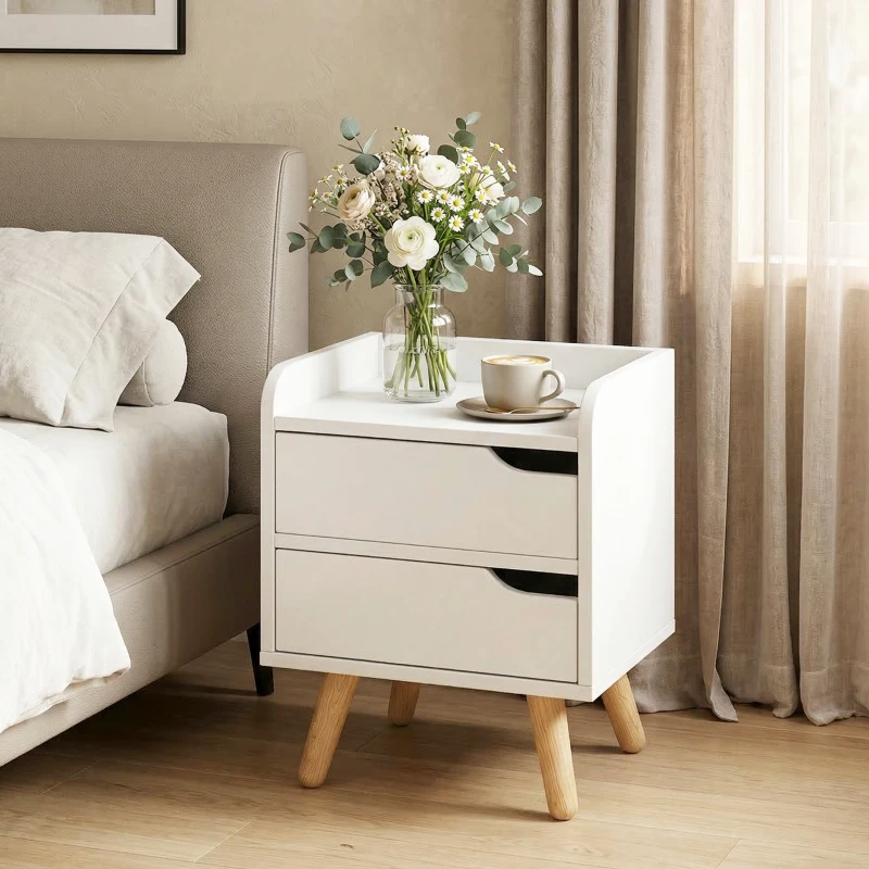 HOMCOM Comodino da Camera da Letto Salvaspazio, Moderno Comodino con 2 Cassetti, Design Semplice, Legno Bianco, Piedini in Legno di Pino, 33 x 28 x 42cm, Bianco