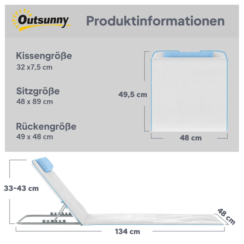 Outsunny Strandliege Sonnenliege Gartenliege, klappbar, verstellbare Rücklehne, Seitentasche, 48 cm x 134 cm x 33-43 cm, Beige