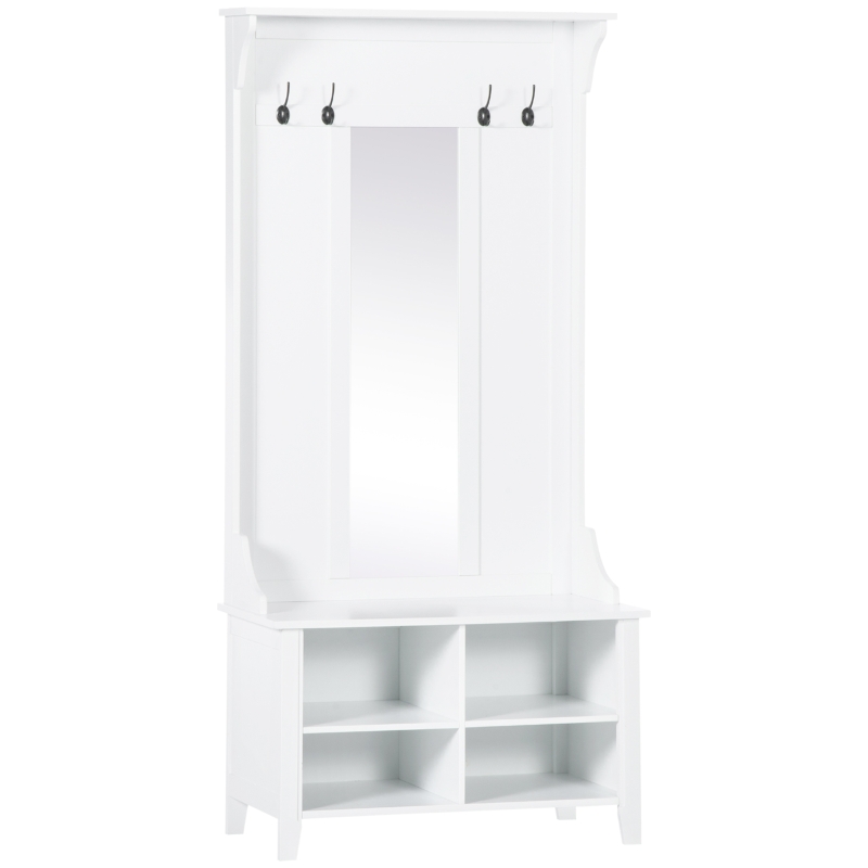 HOMCOM Garderobenständer mit Sitzbank Garderobenset Flurgaderobe 3-in-1 mit Schuhschrank Wandspiegel 4 Haken Weiß 80 x 40 x 170 cm