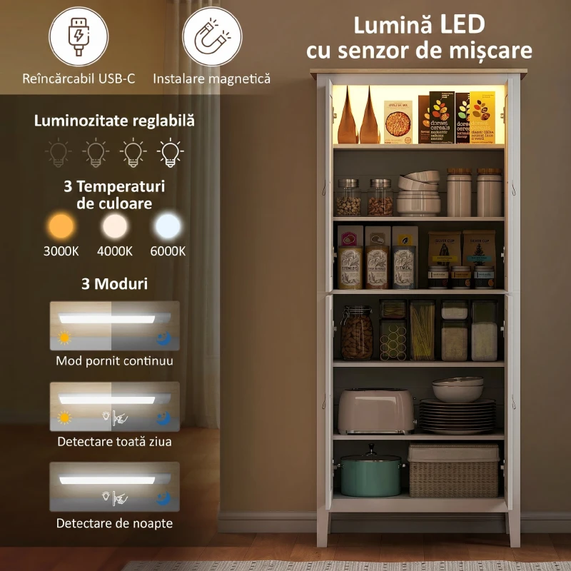 HOMCOM Bufet Înalt de Bucătărie, Dulap cu Lumină LED, Reglabil în 3 Culori, Rafturi Ajustabile, Alb