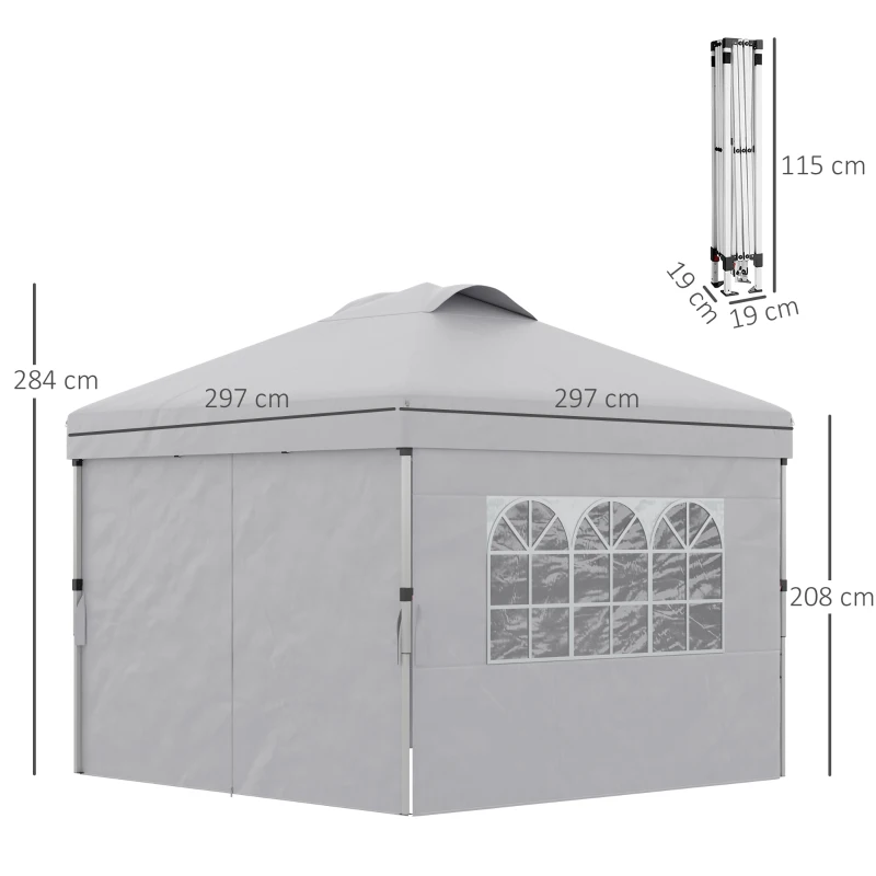 Outsunny Pavilion pliabil 3x3 m cu înălțime reglabilă pe 3 niveluri, ferestre și geantă de transport, gri deschis