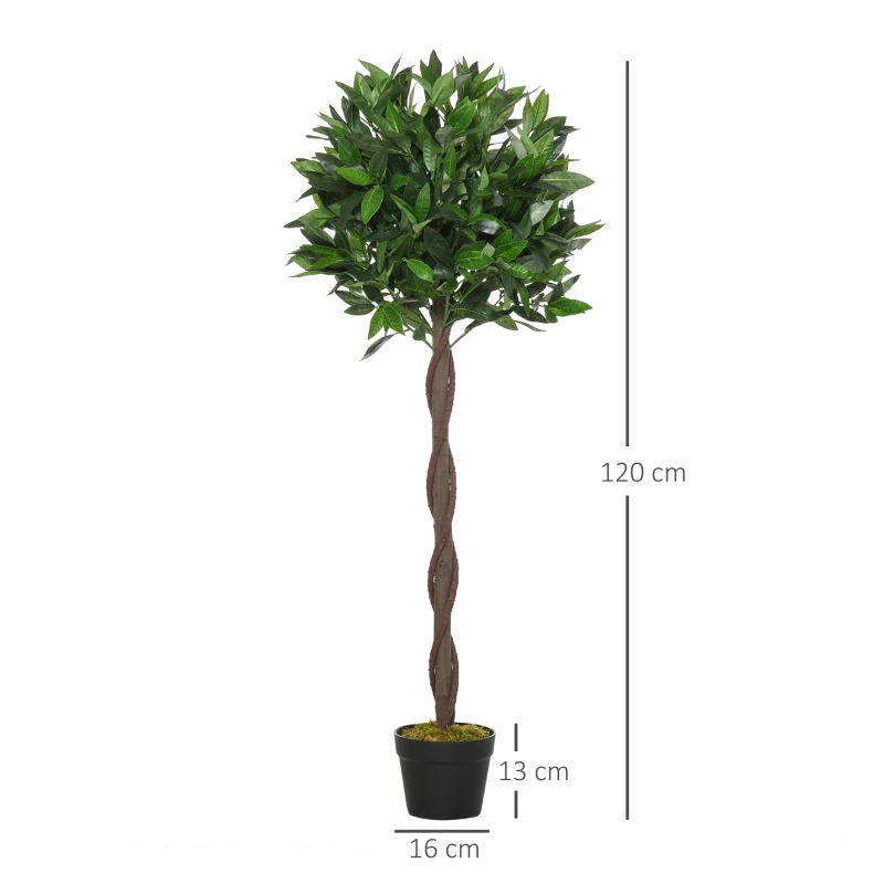 Outsunny Artificial Bay Laurel Topiary Trees with Twisted Trunk, Realistic Lush Topiary Ball Tree with Weighted Pot, 120cm Indoor Greenery Plant for Home Office Garden Decor, Set of 2, Green