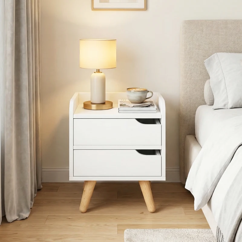 HOMCOM Comodino da Camera da Letto Salvaspazio, Moderno Comodino con 2 Cassetti, Design Semplice, Legno Bianco, Piedini in Legno di Pino, 33 x 28 x 42cm, Bianco