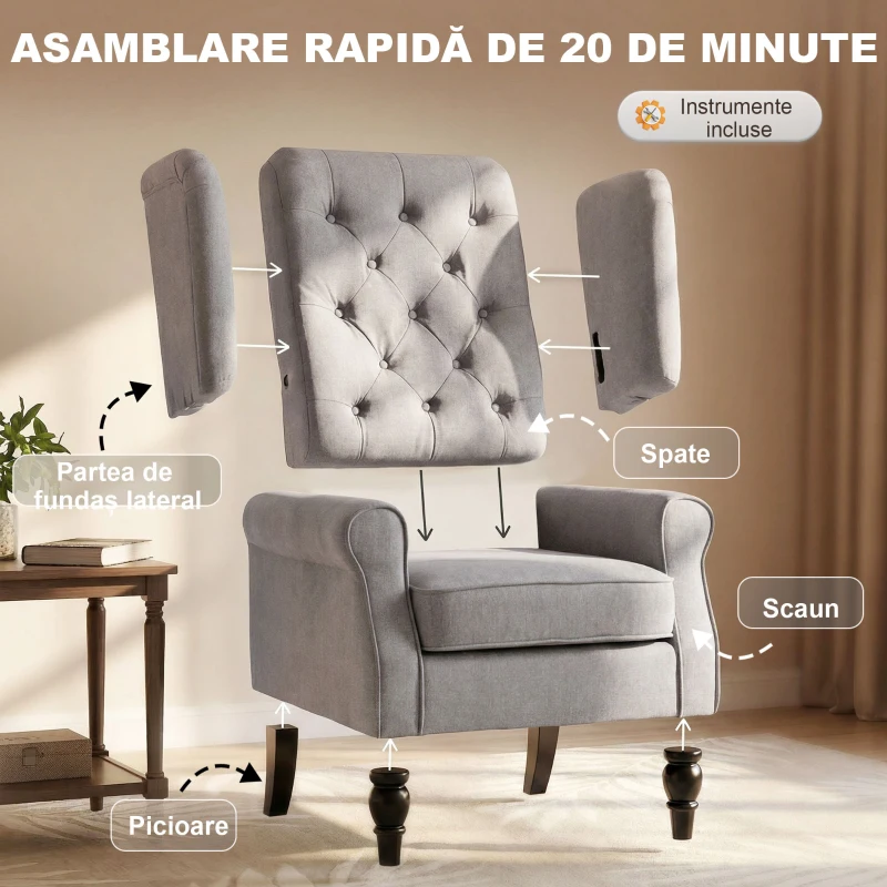 Homcom Fotoliu Chesterfield in Tesatura Detasabila cu Sezuta Ampla Gri 74 x 86 102 cm