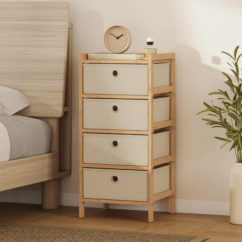 HOMCOM Chest of Drawers, 4 Fabric Drawers Narrow Dresser with Bamboo Frame, Cream White