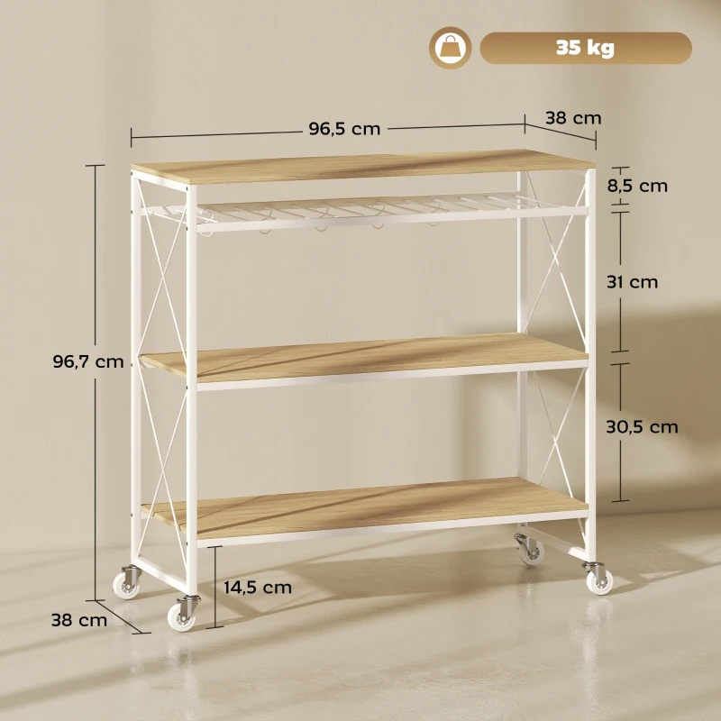 HOMCOM Carrello Portavivande a 4 Livelli con Portabottiglie e 5 Ganci Rimovibili, in Legno e Metallo, 96.5x38x96.7 cm
