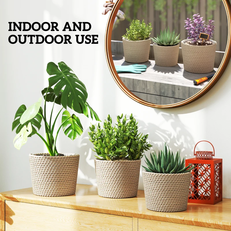 Outsunny Seagrass Planters Set of 3 Plant Pots for Indoor Outdoor Patio Balcony Natural