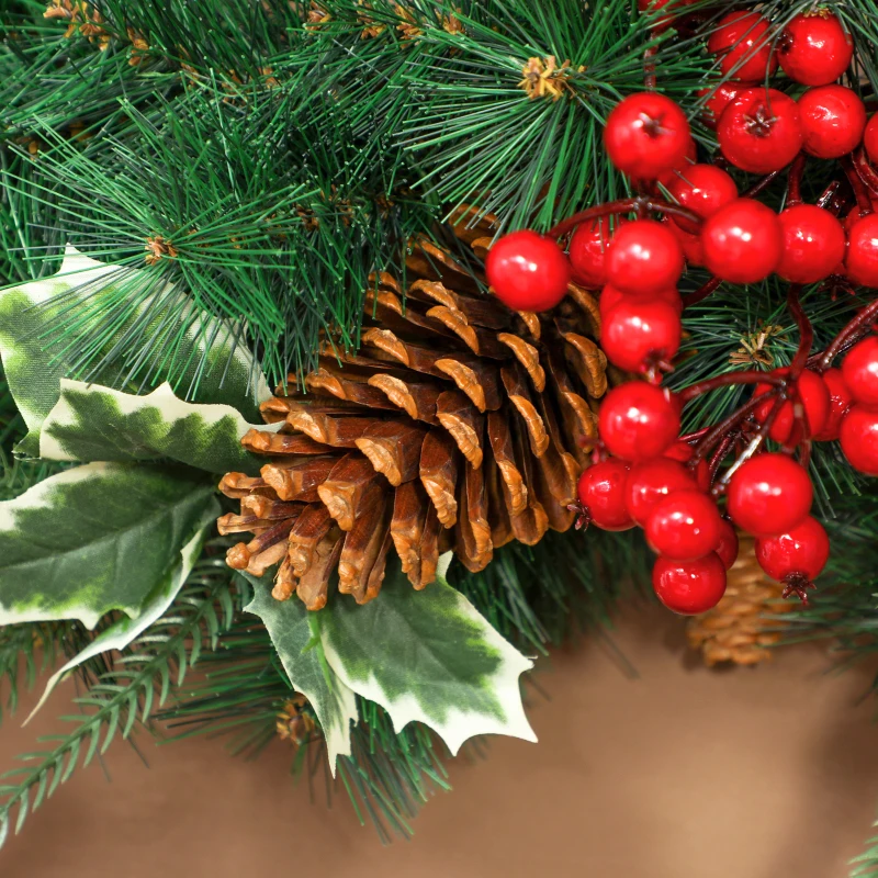 HOMCOM Couronne de Noël lumineuse 60 cm avec 35 LED, minuterie, 170 pointes, pommes de pin, baies, feuilles de houx, vert