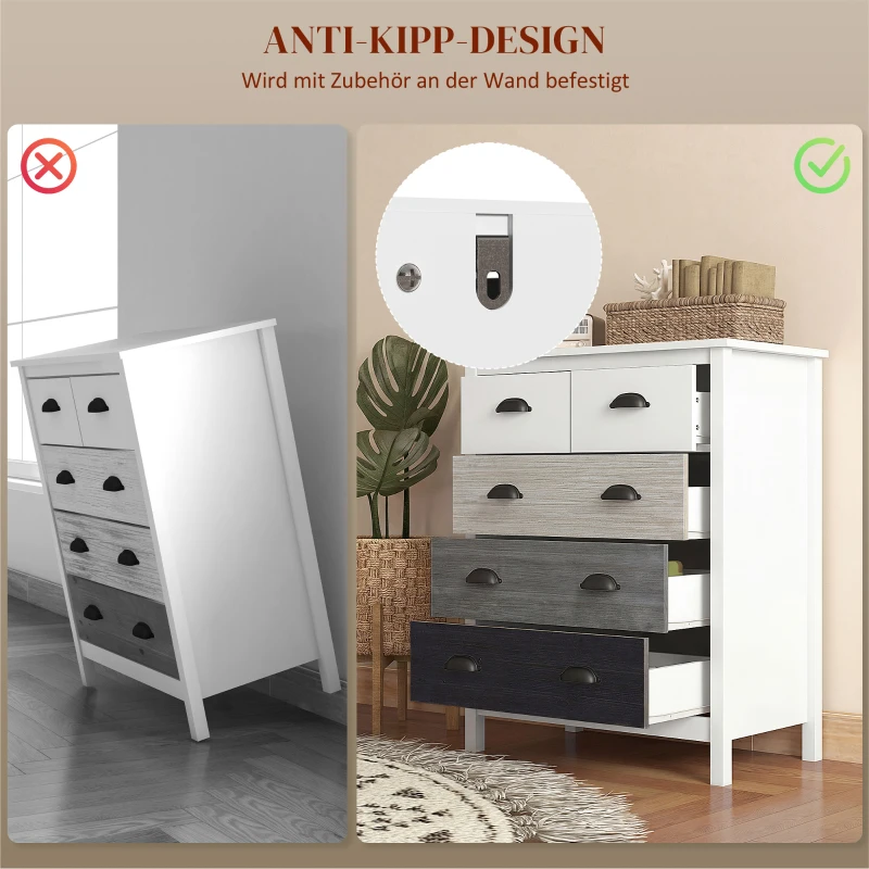 HOMCOM Sideboard, Kommode, 5 Schubladen, lackierte Oberfläche, MDF & Kiefernholz, 70 x 38 x 85 cm, Weiß