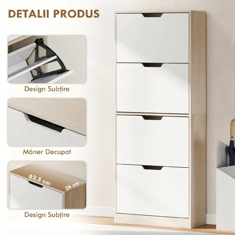 HOMCOM Dulap Subțire pentru Pantofi cu 4 Sertare pentru 20 de Perechi de Pantofi 62.5x26x156 cm, Culoare Lemn și Alb