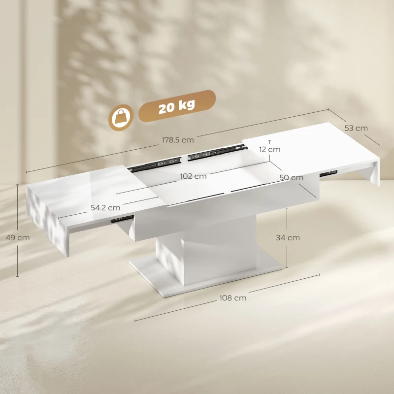 HOMCOM Măsuță de Cafea Extensibilă cu Compartiment Ascuns, Măsuță Modernă Extensibilă cu Picioare Antiderapante, Masă pentru Living sau Birou, 108-178.5x53x49 cm, Alb Lucios
