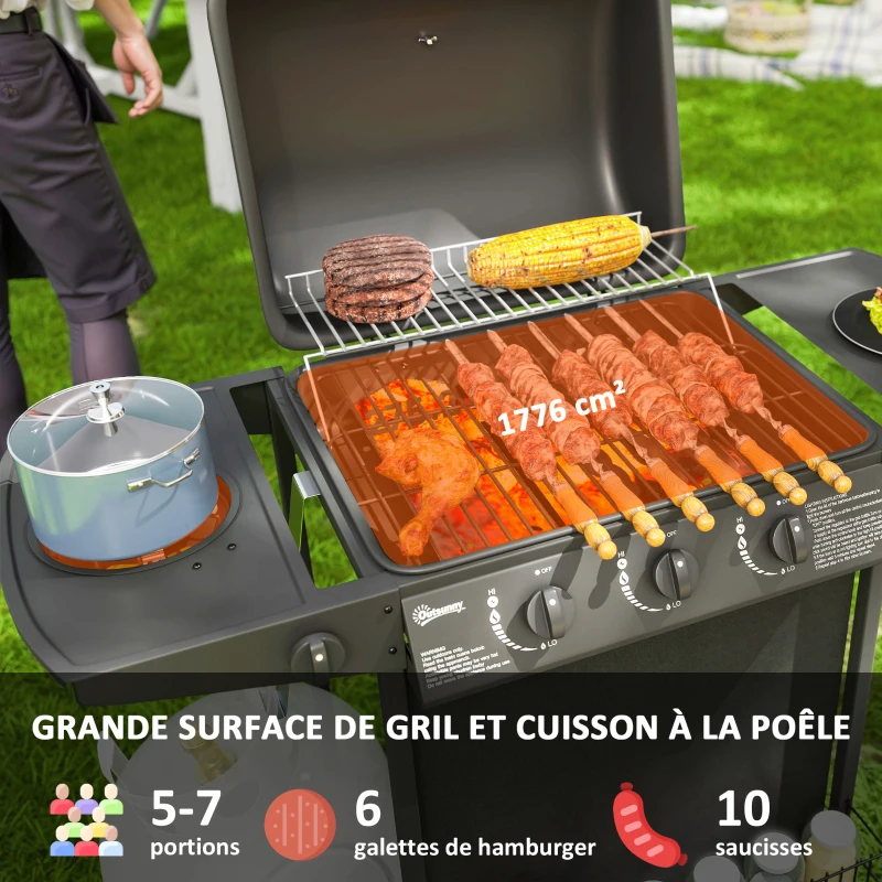 Outsunny Barbecue gaz 3+1 brûleurs en acier, puissance 9,5 kW, barbecue de jardin table latérale, 108 x 54 x 97 cm, noir