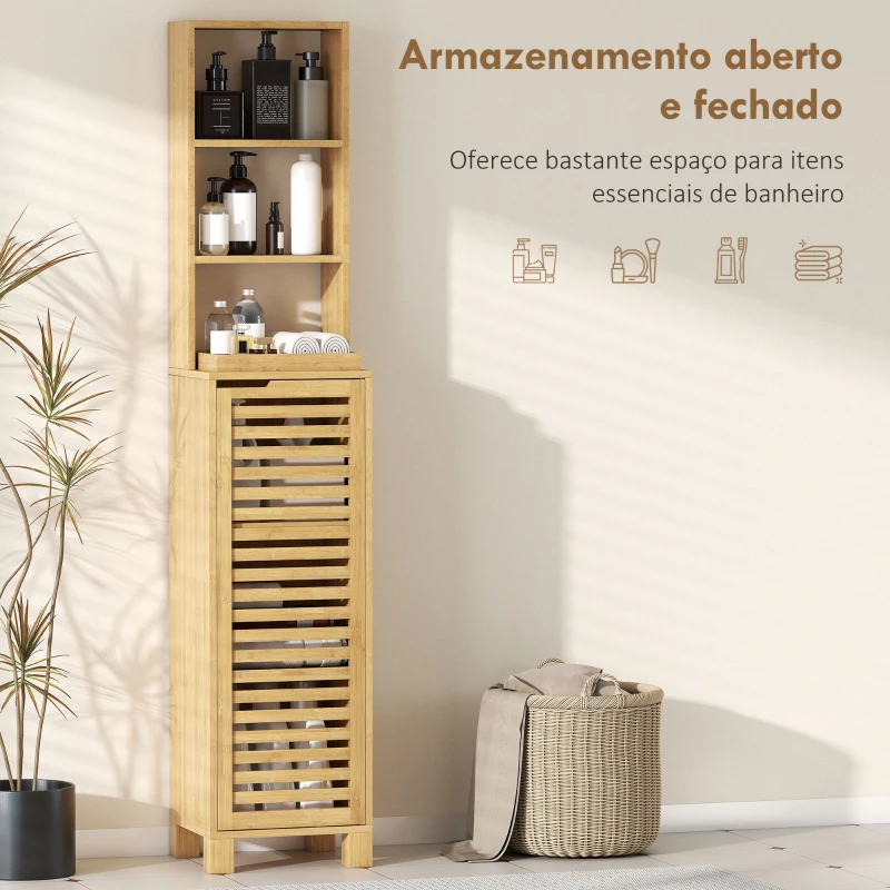 HOMCOM Coluna Casa de Banho de Bambu com 3 Prateleiras Abertas Portas de Ripas Prateleiras Ajustáveis 34x30x170 cm Madeira