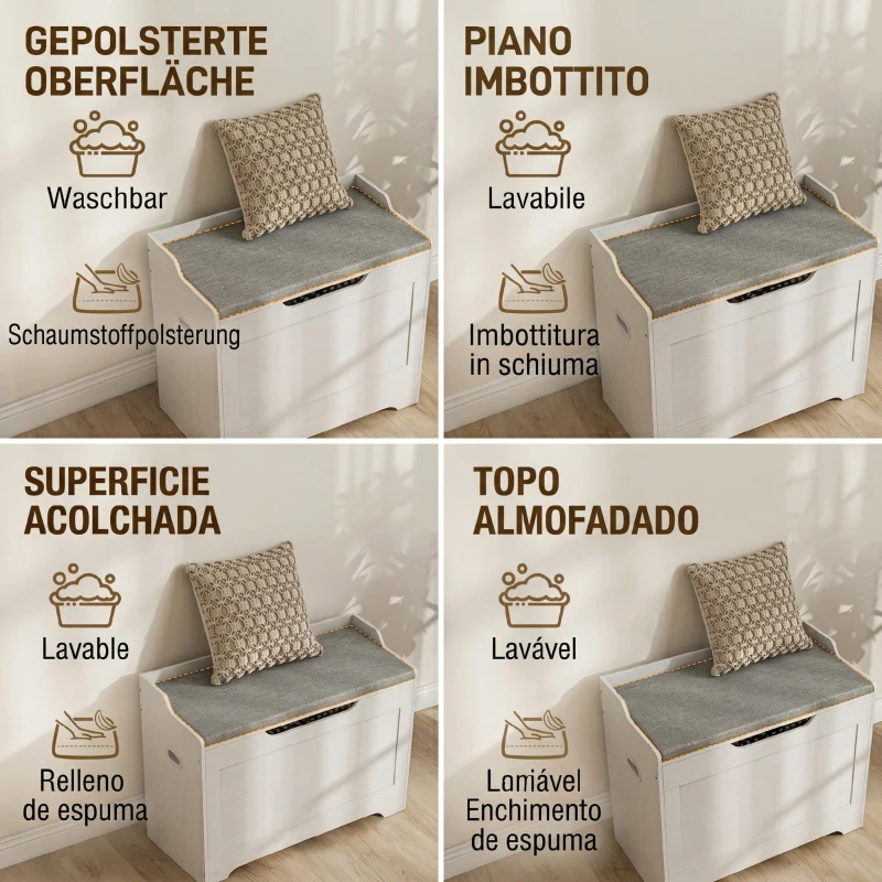 HOMCOM Bancă de depozitare de 103L multifuncțională din lemn cu pernă din țesătură, 75x40x56cm, albă