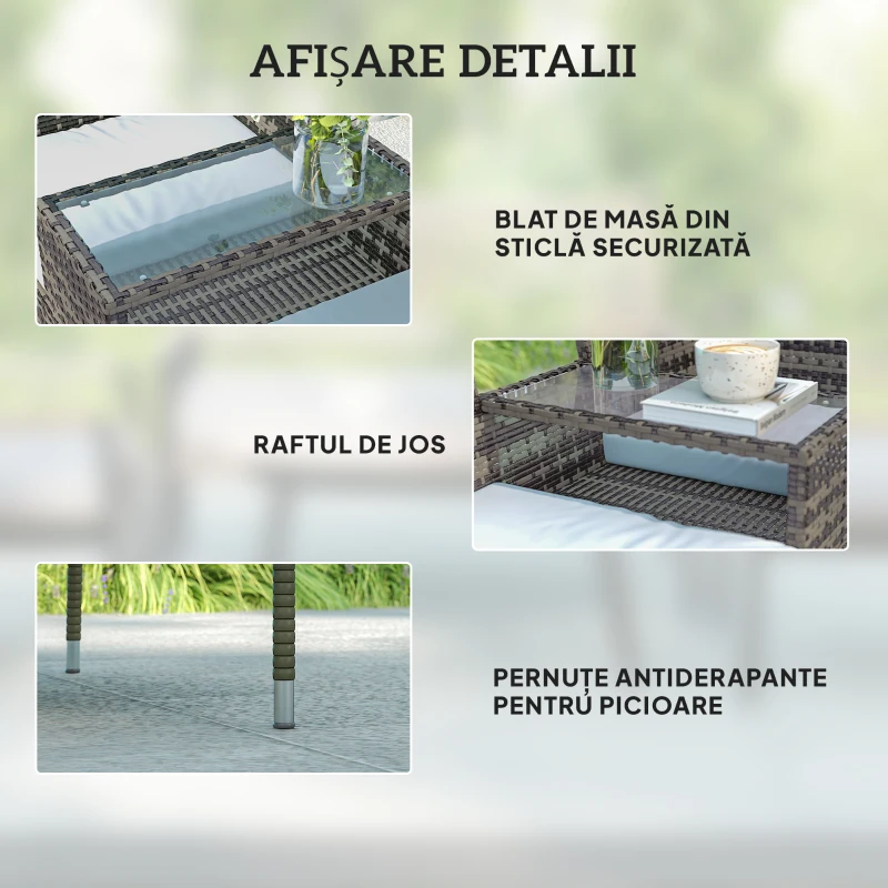 Outsunny Banchetă de Exterior cu 2 Locuri și Măsuță de Cafea, din Oțel și Ratan PE, 137x59x82 cm, Gri