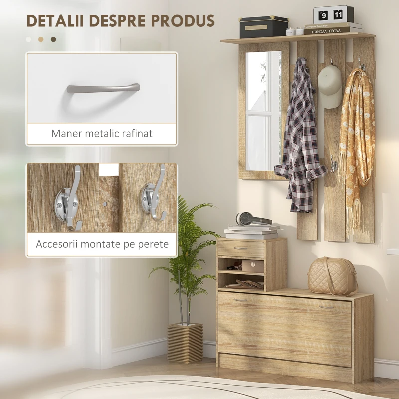 HOMCOM Cuier 3 în 1 cu Suport pentru Pantofi și Oglindă, Cârlige și Sertare, din Lemn, 90x24x177 cm, Culoare Stejar