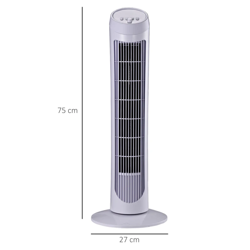 HOMCOM Ventilateur colonne silencieux et puissant 45W ventilateur tour 3 vitesses et oscillant 70°, pour chambre, bureau, 27 x 27 x 75 cm, blanc