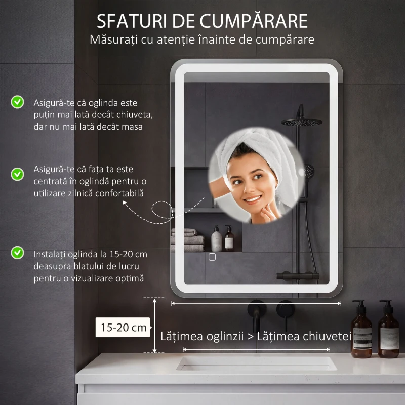 kleankin Oglinda pentru baie cu lumini LED, 70 x 50 cm