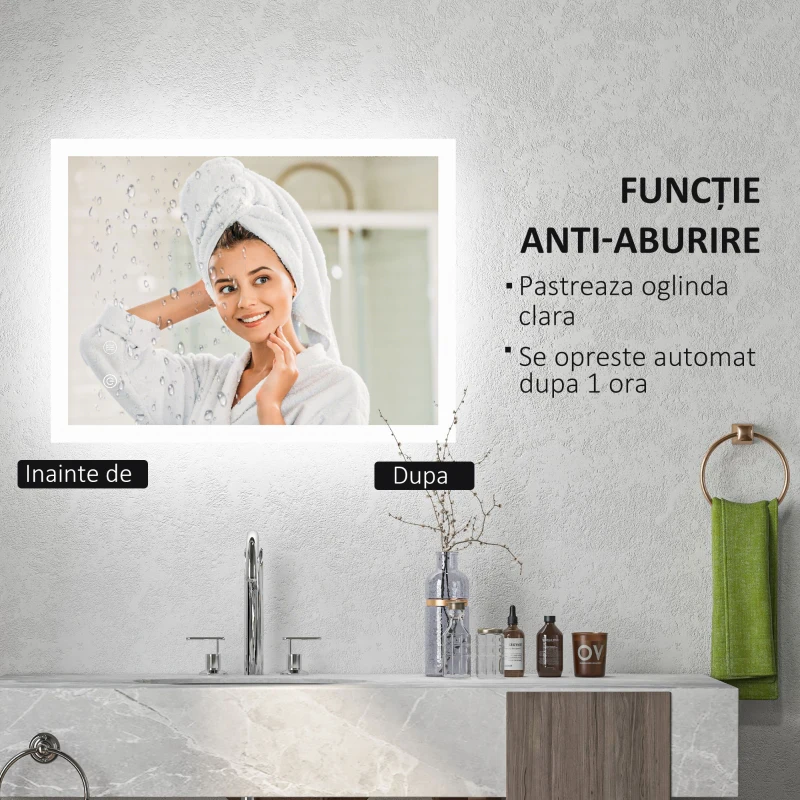 kleankin Oglindă de baie cu lumini LED reglabilă, control tactil și funcție anti-aburire, 70x50 cm
