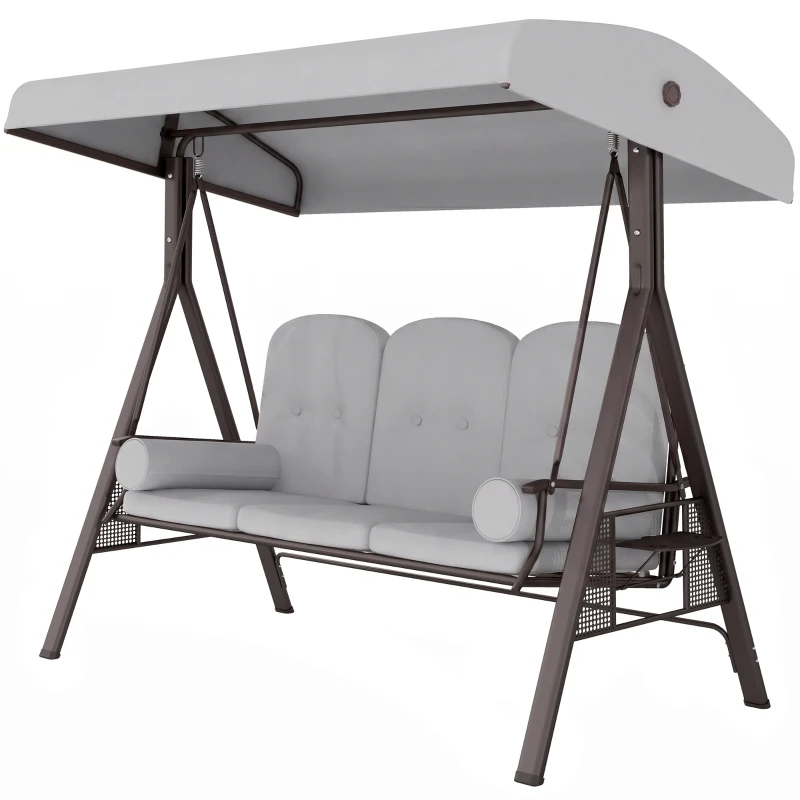 Outsunny 3 Seater Canopy Swing Chair, Outdoor Garden Swing Seat with Adjustable Canopy, Cushions and Cup Trays, Steel Frame, Light Grey