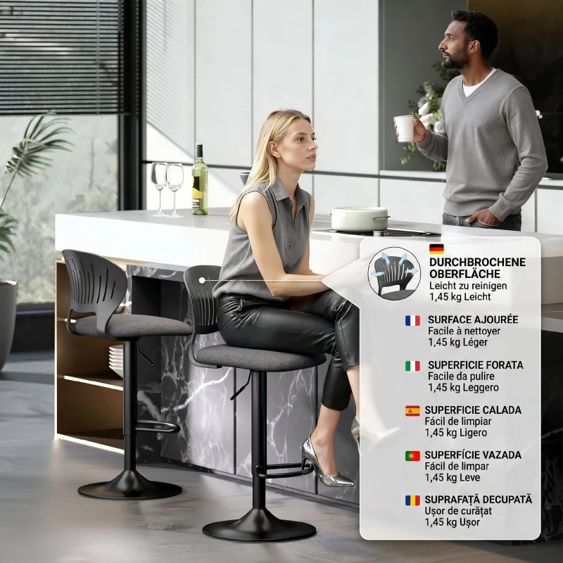 HOMCOM Set 2 Scaune de Bar Reglabile, Scaune de Bucătărie Înalte din Material Textil cu Efect de In cu Spătar, Suport pentru Picioare și Șezut Moale, Cadru Metalic, Scaune Rotative la 360°, Negru